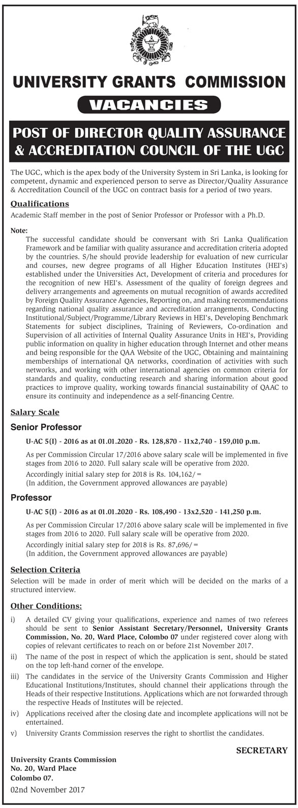 Additional Secretary, Additional Secretary (Legal & Documentation), Director - University Grants Commission